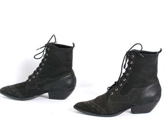 size 7.5 VICTORIAN black leather GRUNGE 80s 90s WESTERN lace up ankle boots