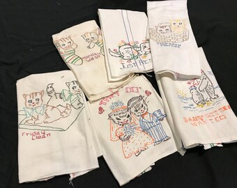 Lot of 6 Vintage Painted Embroidery Kitchen Dish Towels