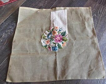 Vintage Unfinished Creamy White and Floral Bouquet Needlepoint