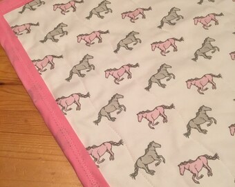 NEW handmade pink pony horses baby quilt with pink trim