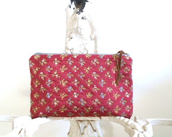 SALE Floral jacquard clutch, large utility pouch, journal case - brick, terra cotta rose - eco vintage fabrics