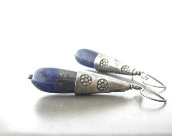 blue lapis dangle earrings, oxidized sterling and lapis earrings, blue boho earrings