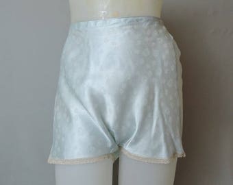 Vintage 1940s Panties, Blue Floral Rayon Satin Panties - 25-28 inch waist, 36 hips, medium