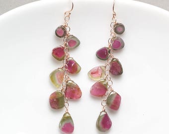 Watermelon Tourmaline earrings, Tourmaline slice cluster earrings, 14k Rose Gold filled earrings, Gift for Her, October Birthstone