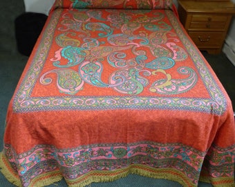 Vintage Bates Bedspread Orange Teal Turquoise Paisley, Twin, Full, Double Bedspread - Vibrant Colors