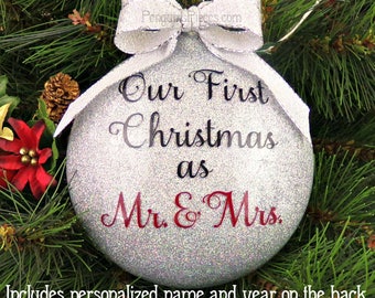 Personalized Our First Christmas Married Glitter Ornament - Glass - 2 Sided - 1st Mr. & Mrs. Wedding Newlywed Couple's Husband and Wife