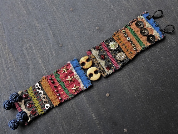 Antique fabric wrist cuff bracelet - “Keeper of Vessels”