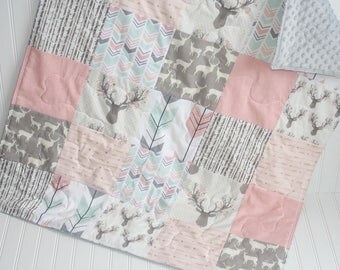 baby quilt-baby girl quilt- woodland baby quilt- fawn baby girl bedding-minky baby quilt- pink baby quilt- arrow baby quilt- deer baby quilt