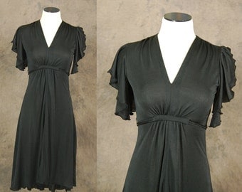 vintage 70s Dress - 1970s Little Black Dress Flutter Sleeve Dress Hi Lo Dress LBD Sz XS S