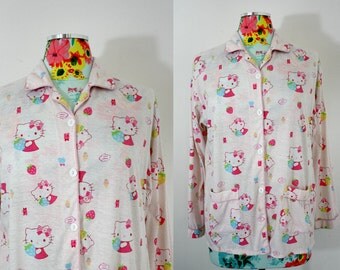 Vintage HELLO KITTY Cotton Knit PJ Top Pink + White Hello Kitty Pastel Strawberry Womens Med Large 34-42 Bust Cute Kawaii Retro Sanrio Adult