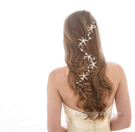 Starfish Extra Long Wedding Hair Vine Beaded Wedding Headpiece with Pearls Rhinestones and Star fish Beach Destination Wedding Headpiece