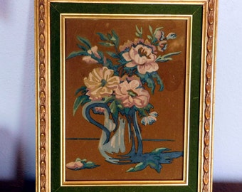 Vintage Framed Paint-by-Numbers PBN on Velvet Painting of Flowers in Vase - Floral Art on Brown Velvet - Gold Painted Mid-Century Frame