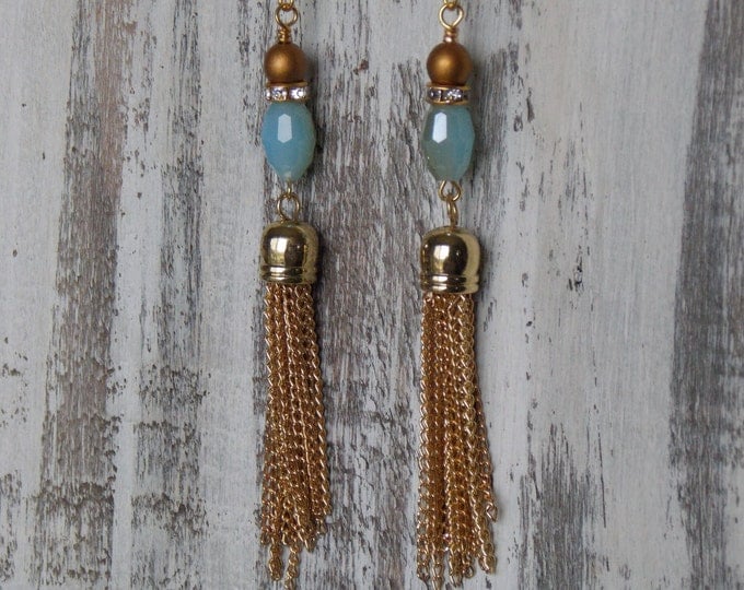 Gold Chain Tassel Earrings Czech Glass Dangle Long Chain Rhinestone Aqua Gold Boho Fashion Glam Sparkle Jewelry