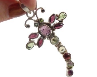 Dragonfly Pendant, Tourmaline Pendant, Sterling Silver, Vintage Pendant, Green, Purple, Red, Big Statement, Multi Stone, Mixed Gemstones