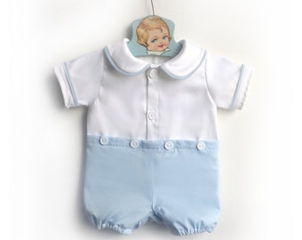 White and Blue Peter Pan Collar Button Romper, Baby Boy Romper, Toddler Romper, Baby Playsuit, Baby Sunsuit, Toddler Playsuit, Baby Summer