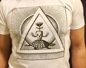 Trimurti t-shirt, white t-shirt, Hindu t-shirt, silkscreen t-shirt, soft t-shirt, graphic t-shirt, skull t-shirt, turtle, triangle, sun,