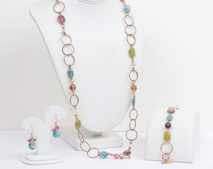 Pink Olive Teal Necklace Set Bracelet Earrings Rosebuds Gold Tone Circles Signed Cookie Lee Vintage