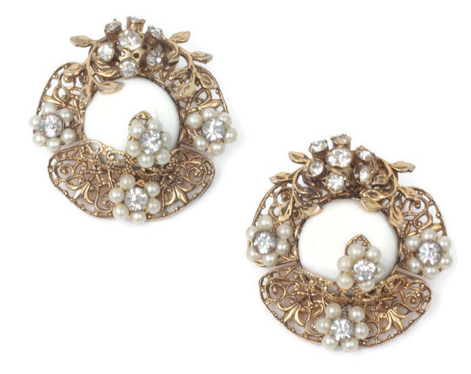 White Milk Glass Earrings Rhinestones Floral Design Clip Backs Larger