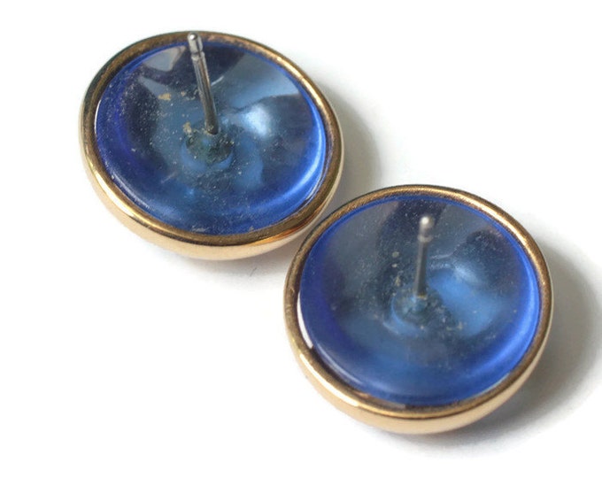 Gold Leaf Overlay Blue Glass Earrings Posts Vintage Round Smaller Size