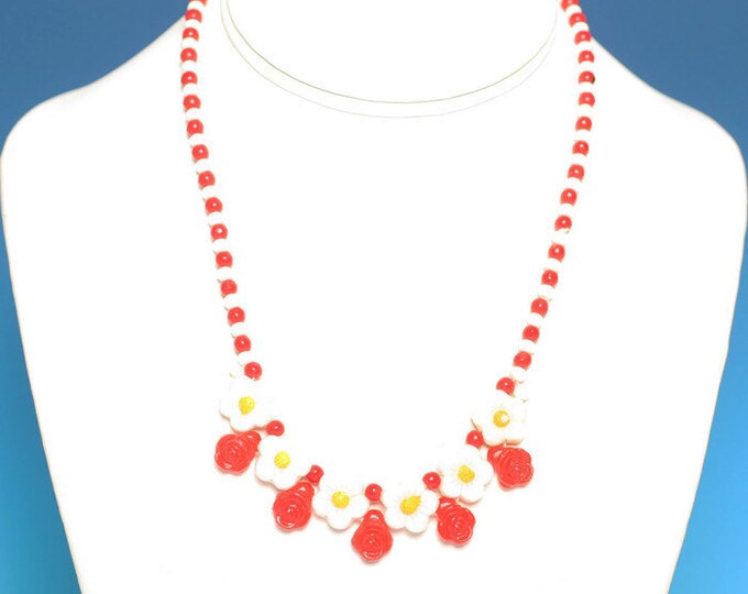 Red and White Floral Bead Necklace Czech Bohemian New Old Stock
