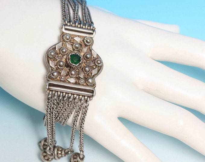 Sterling Albertina Watch Chain Multi Chain Faux Emerald Cannetille Decoration