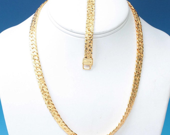 Gold Tone Necklace Bracelet Set Textured Herringbone Link Vintage