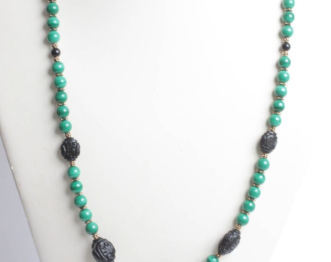 Malachite Bead Necklace Black Faux Cinnabar Bead Gold Tone Accents Vintage