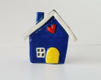 Little Clay House Whimsical Cobalt Blue House with Yellow Door | Ceramic Fairy House Gnome Home | Whimsical Terrarium Decoration