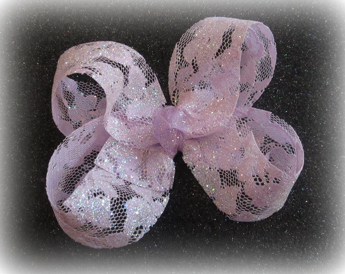 Lavender Hair Bow, Glitter Purple Bow, Girls Lilac Bows, Boutique Hair Bow, Lace bow, Wedding Hairbow, 4 inch Bow, Single Layer Bow, Sparkle