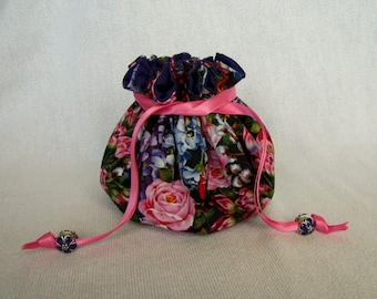 Drawstring Jewelry Pouch - Medium Size - Traveling Jewelry Tote - FLORAL FANTASY