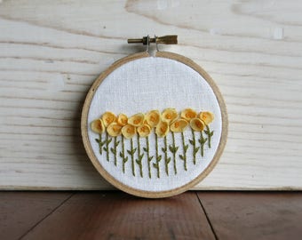 Yellow Floral One Of A Kind Embroidery Hoop Fiber Art - 3 Inch Embroidery Hoop - Nursery Decor