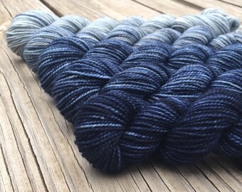 cashmere MCN A Perfect Storm Hand Dyed Gradient Set Mini Skein Set Sock Yarn 475 yards Cashmere Blend Yarn merino cashmere blue navy denim