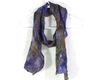 Cobweb Felted Scarf Wool Scarf Long Scarf Womens Scarf Winter Accessory Lightweight Scarf in Purple Brown Blue OOAK Gifs for Her