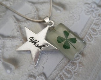 4 Leaf Clover White Cat's Eye Rectangle Pendant w/Star Shaped Wish Charm-Nature's Art-Symbolizes Luck, Love,Hope,Faith-Gifts Under 30