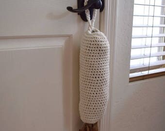 Plastic bag holder crochet kitchen organizer hanging bag dispenser grocery bag holder reusable housewarming gift modern home decor off white