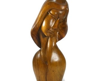 Handcarved Wooden Sculpture Beautiful Woman Figure Monkey Pod Wood Female Bust