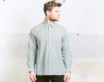 Vintage Men's WORK Shirt . 80s Peasant Shirt Cotton Hippie Green White Striped Minimalist Shirt . size Large