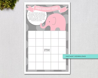 Pink and Grey Elephant Baby Shower Bingo Game Card, Instant Download, Printable digital file 81522