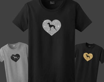 Italian Greyhound Dog Silhouette Glitter Heart T-Shirt Tee - Men, Women Ladies Female, Youth Kids, Long Sleeve