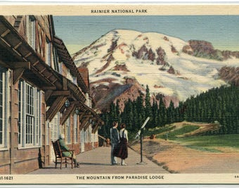 The Mountain Telescope Paradise Lodge Mt Rainier Washington linen postcard