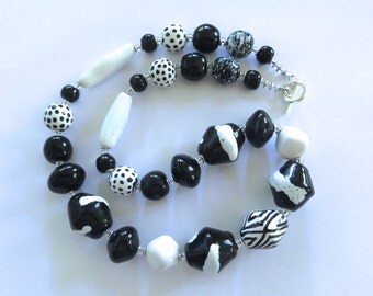 Black and White Kazuri Bead Necklace, Fair Trade Beads, Ceramic Necklace, Statement Necklace