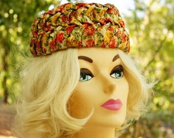 Vintage 60s Floral Print Pillbox Hat/Retro/Mid Century