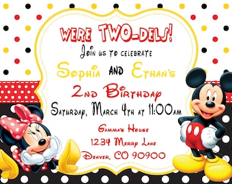 Mickey and Minnie Mouse Invitations, Birthday Invitations, Mickey Mouse Party Two-dels - Twin birthday