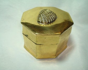 1980s Brass Hexagon Box with Scallop Shell.