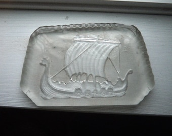 Glass Viking Ship Paperweight - Scandinavian - Vintage Ice Sculpture Crystal Figure