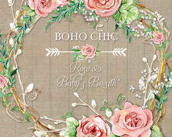 Watercolor Boho Rose Baby's Breath Wreath Digital Clip Art Clipart, Bohemian Printable, flower, Rose Floral, twigs, wooden, arrows, wedding