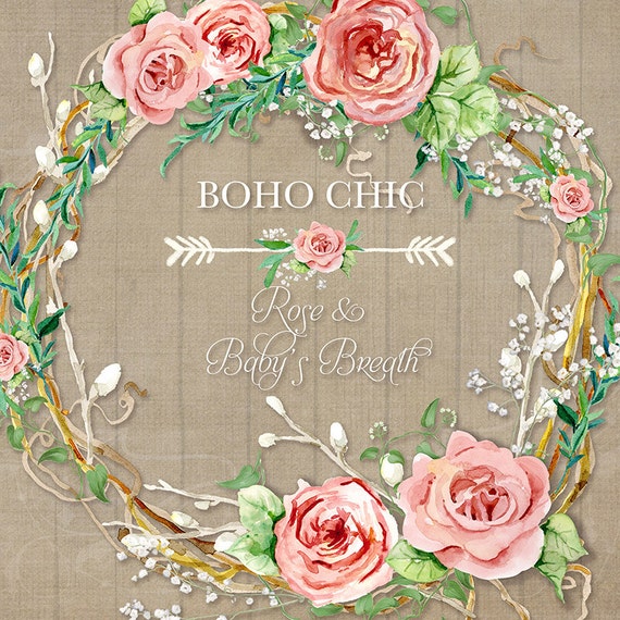 Watercolor Boho Rose Baby's Breath Wreath Digital Clip Art