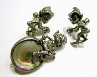 Vintage Cyvra Sterling Elf Brooch Screw Back Earring Set Pixie Elves Abalone Pin Collectible Sterling Silver Vintage Jewelry