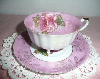 Royal Halsey Rose and Gold Lusterware Footed Teacup and Saucer, Rose Design with Gold Leaves