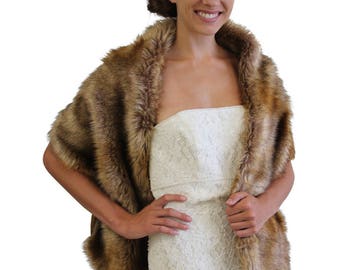 Bridal fur stole, Vintage brown stole faux fur, fur shrug, bridal shawl wrap fur, bridal stole, wedding stole, faux fur cape
